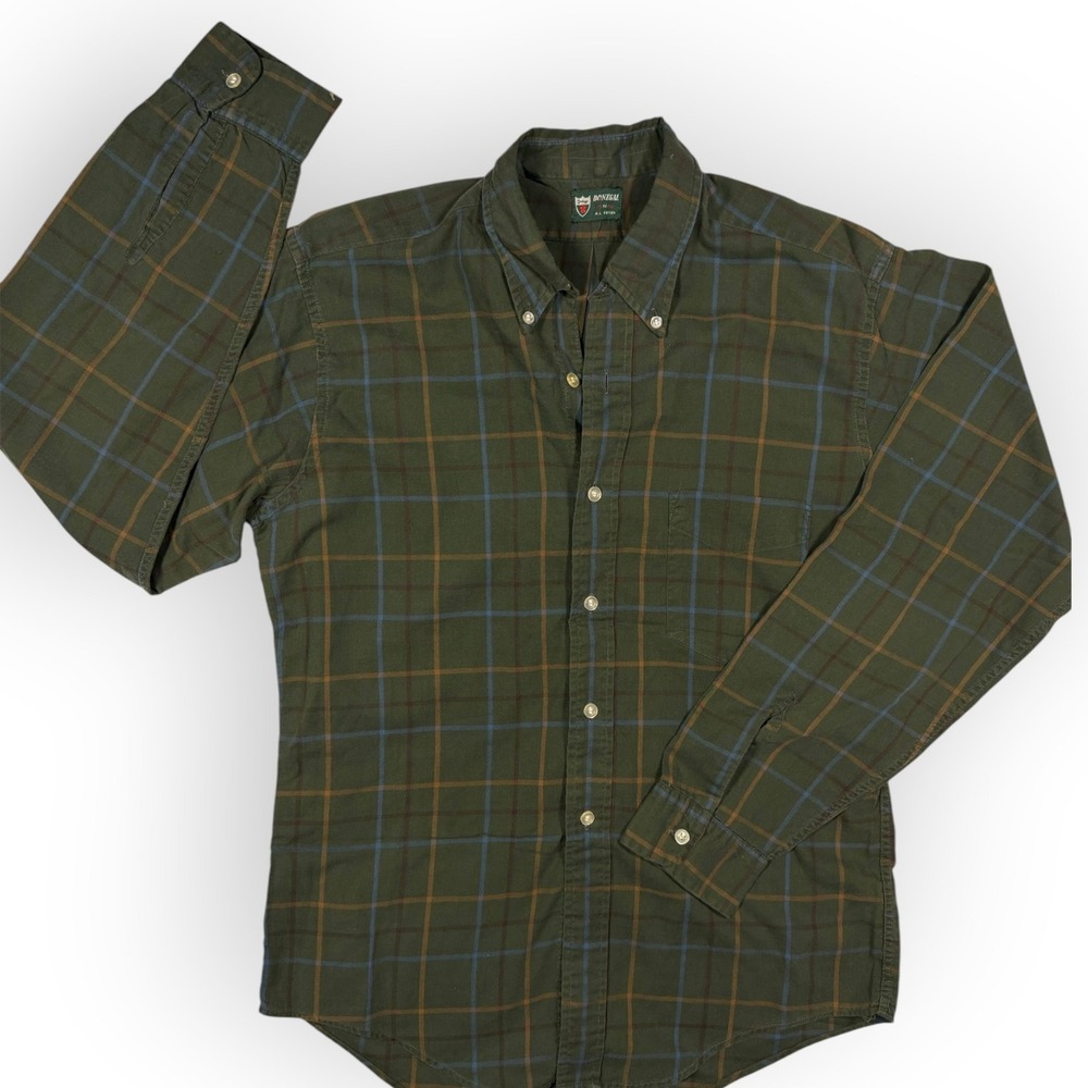 Vtg Donegal Mens Olive Green Plaid Button Down Shirt Cotton Grunge Long Sleeve M